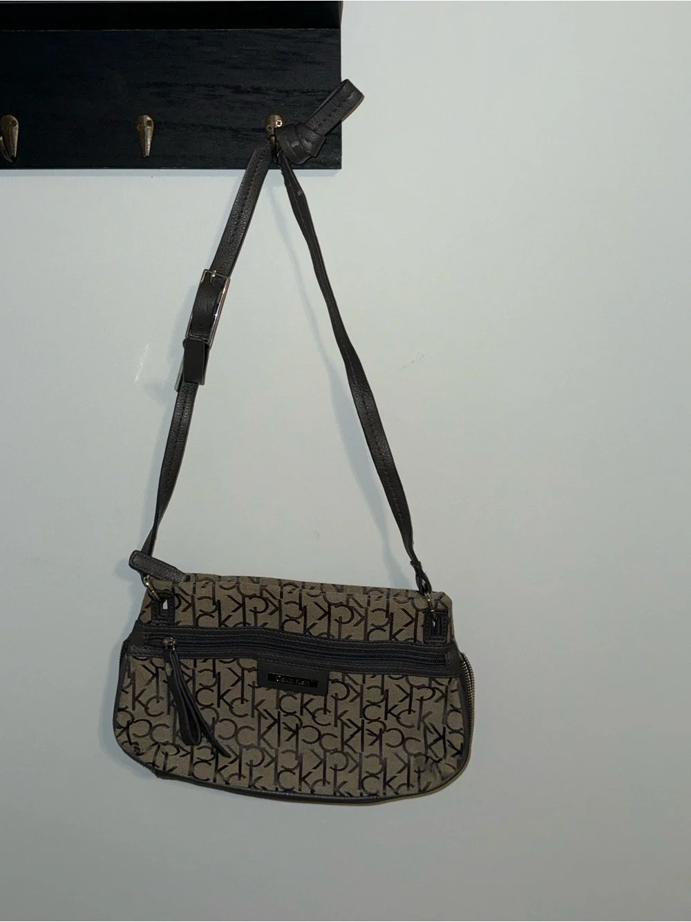 Calvin Klein Tan and Black Signature Monogram Crossbody Bag